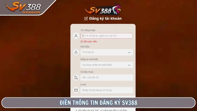 Điền thông tin đăng ký SV388