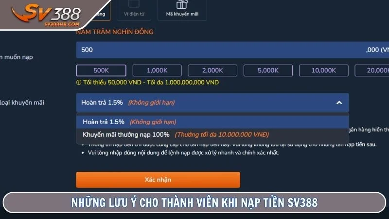 Những lưu ý cho thành viên khi nạp tiền SV388